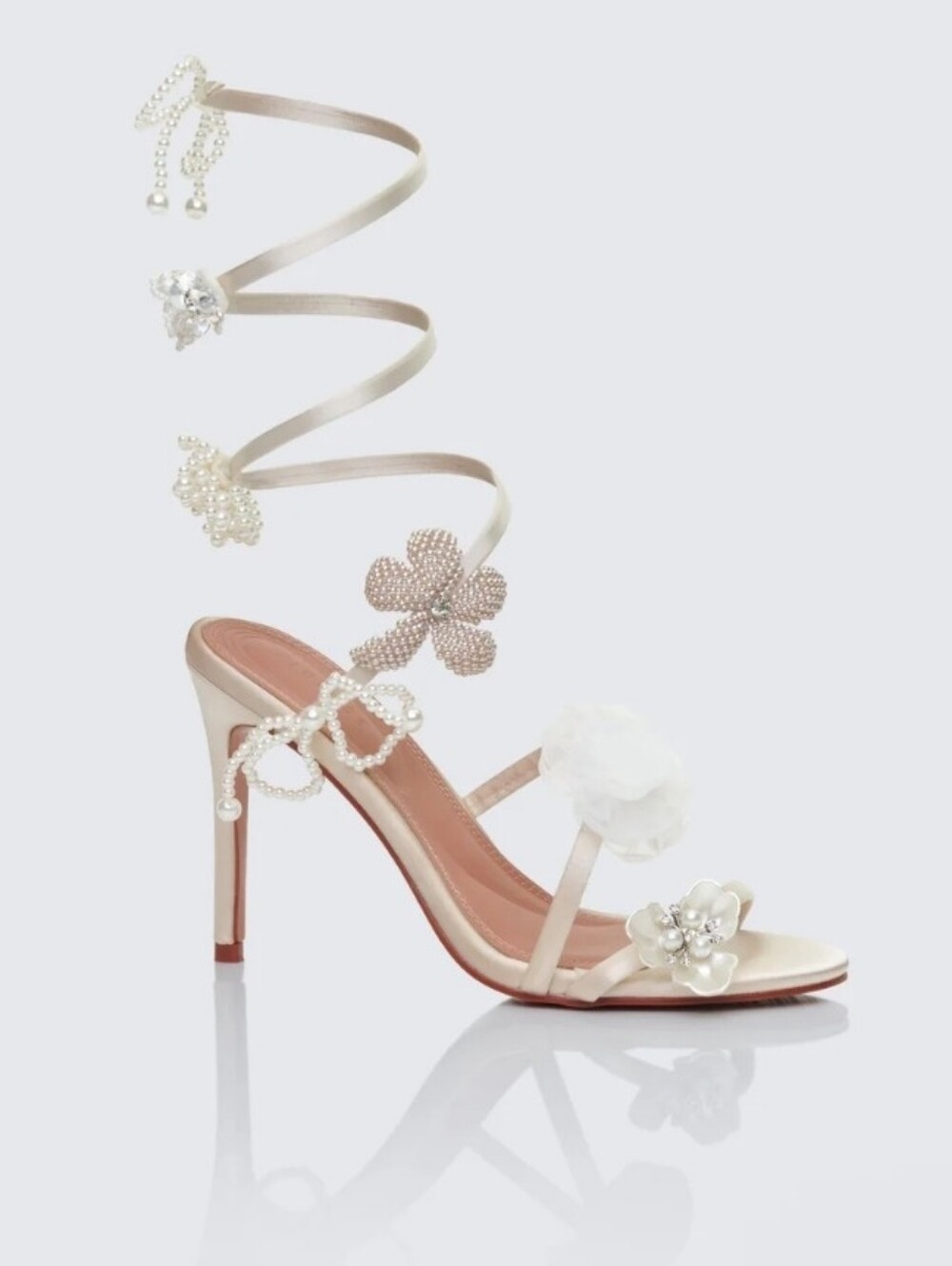Finesse Ivory Satin Floral Pearl Wrap High Heels/Size 7/NWB MSRP$118